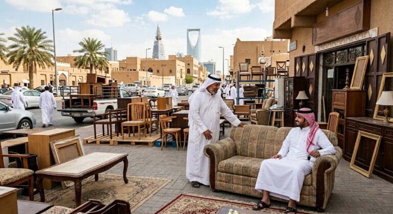 عمال متخصصون يقومون بفحص وتقييم وتحميل الأثاث المنزلي والمكتبي المستعمل بعناية داخل سيارات نقل مجهزة ضمن أعمال نشتري الاثاث المستعمل العاصمة بالكويت لضمان تقديم أفضل الأسعار وإتمام عملية البيع بسرعة وموثوقية